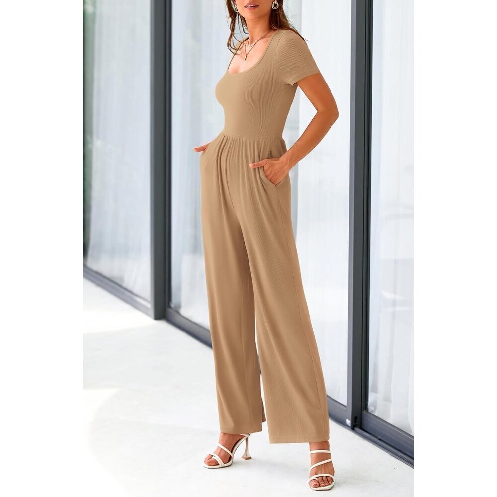 Women's Camel Summer Short Sleeve Square Neck Wide Leg Rompers Jumpsuits - Picture 7 of 8
